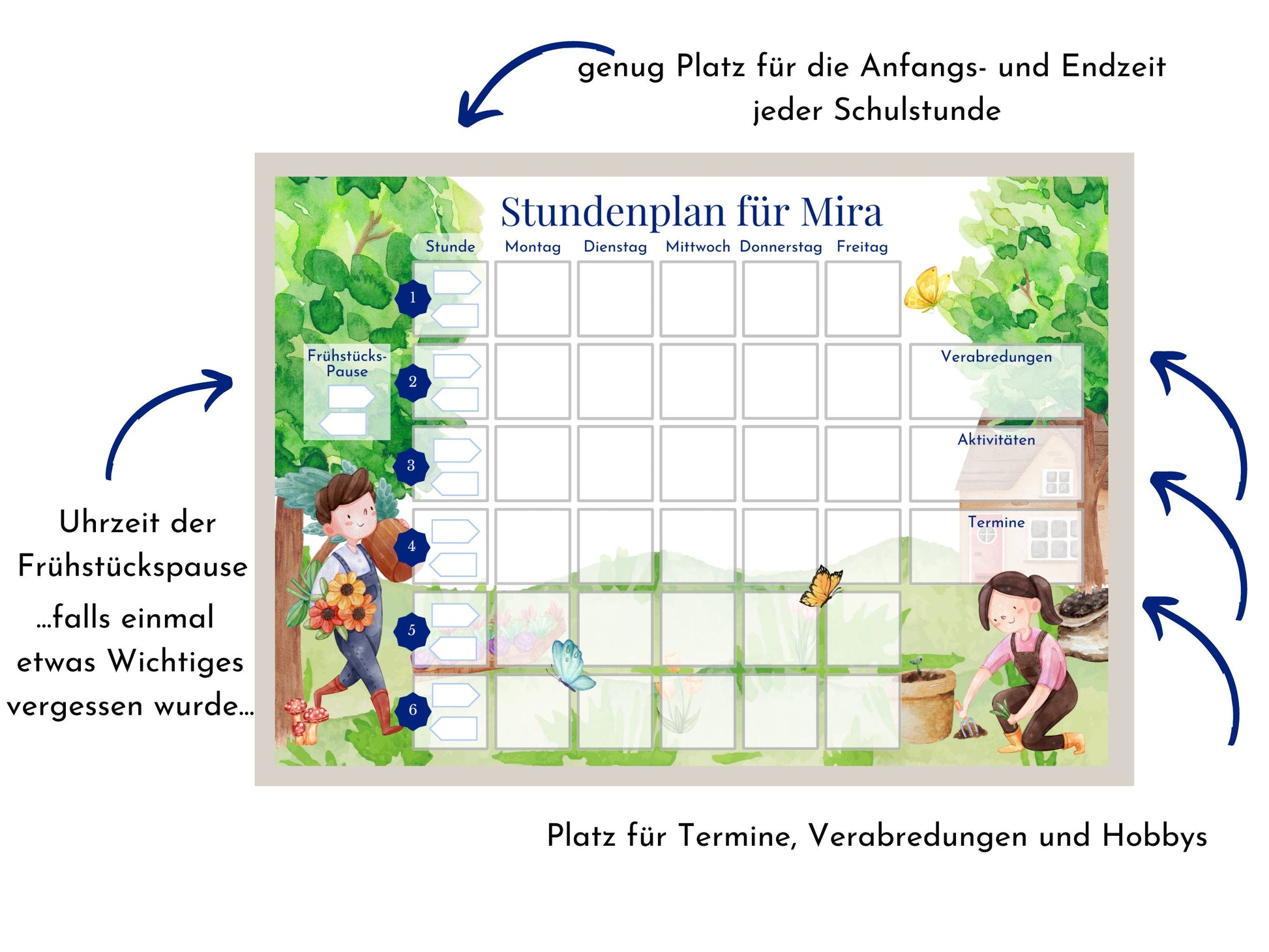 Stundenplan mit 70 Schulfach-Kärtchen, personalisiert, abwischbar laminiert magnetisch, Einschulung Schulanfang Geschenk "Garten"