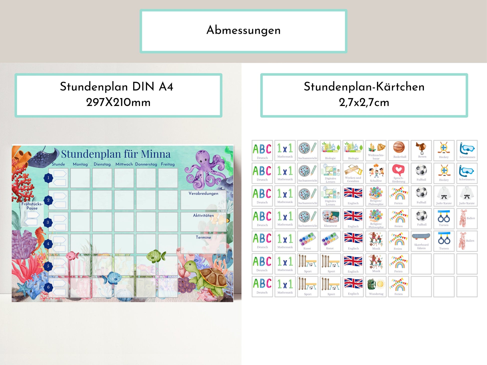 Stundenplan mit 70 Schulfach Kärtchen, personalisiert für Grundschule, laminiert abwischbar magnetisch, Geschenk Einschulung "Korallenriff"