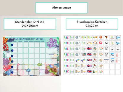 Stundenplan mit 70 Schulfach Kärtchen, personalisiert für Grundschule, laminiert abwischbar magnetisch, Geschenk Einschulung "Korallenriff"