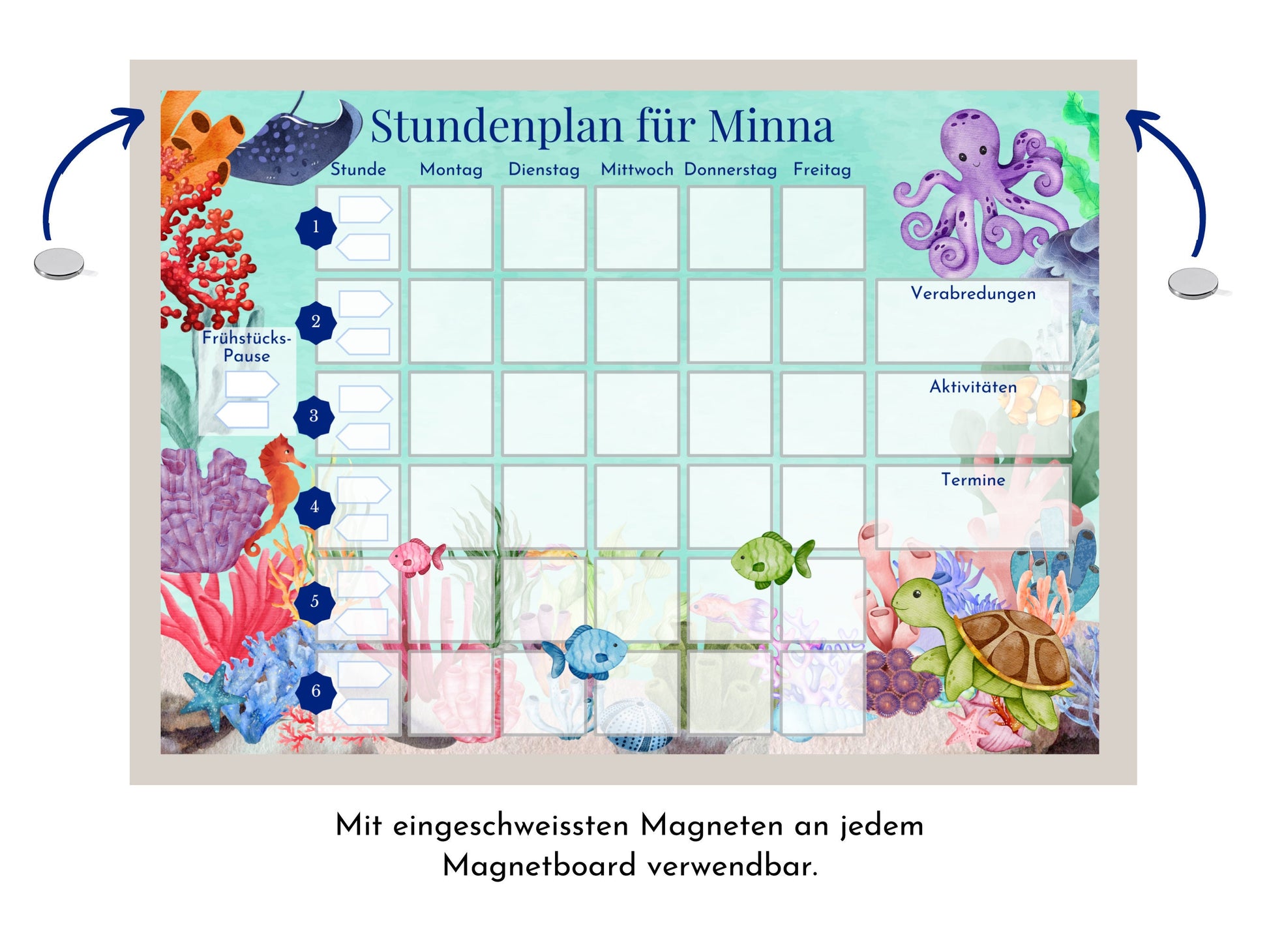 Stundenplan mit 70 Schulfach Kärtchen, personalisiert für Grundschule, laminiert abwischbar magnetisch, Geschenk Einschulung "Korallenriff"