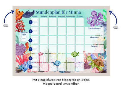 Stundenplan mit 70 Schulfach Kärtchen, personalisiert für Grundschule, laminiert abwischbar magnetisch, Geschenk Einschulung "Korallenriff"