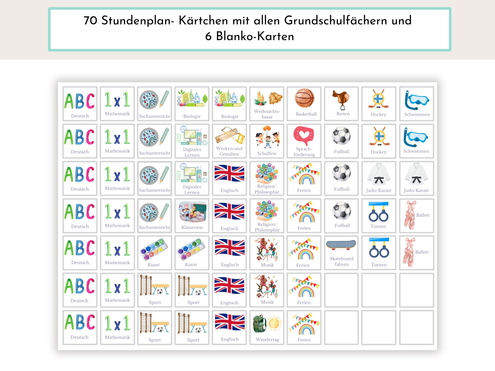 Stundenplan mit 70 Schulfach Kärtchen, personalisiert für Grundschule, laminiert abwischbar magnetisch, Geschenk Einschulung "Korallenriff"