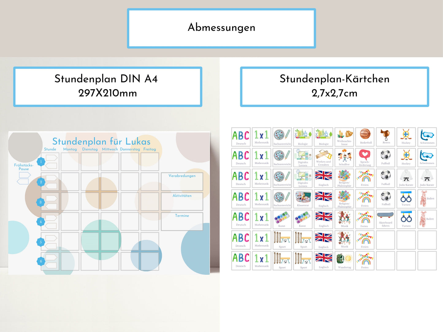 Stundenplan mit 70 Schulfach Kärtchen, personalisiert für die Grundschule, laminiert magnetisch, Geschenkidee Einschulung "Kreise Strand"