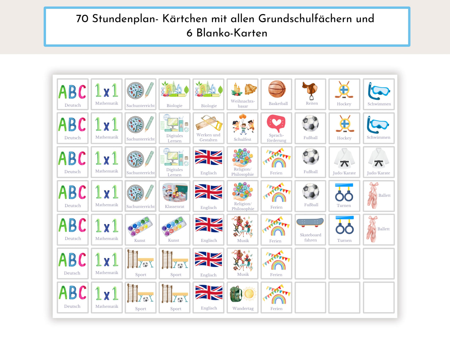 Stundenplan mit 70 Schulfach Kärtchen, personalisiert für die Grundschule, laminiert magnetisch, Geschenkidee Einschulung "Kreise Strand"