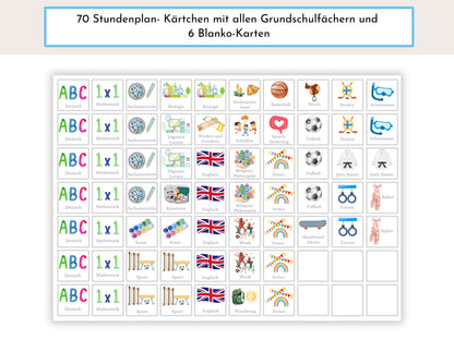 Stundenplan mit 70 Schulfach Kärtchen, personalisiert für die Grundschule, laminiert magnetisch, Geschenkidee Einschulung "Kreise Strand"