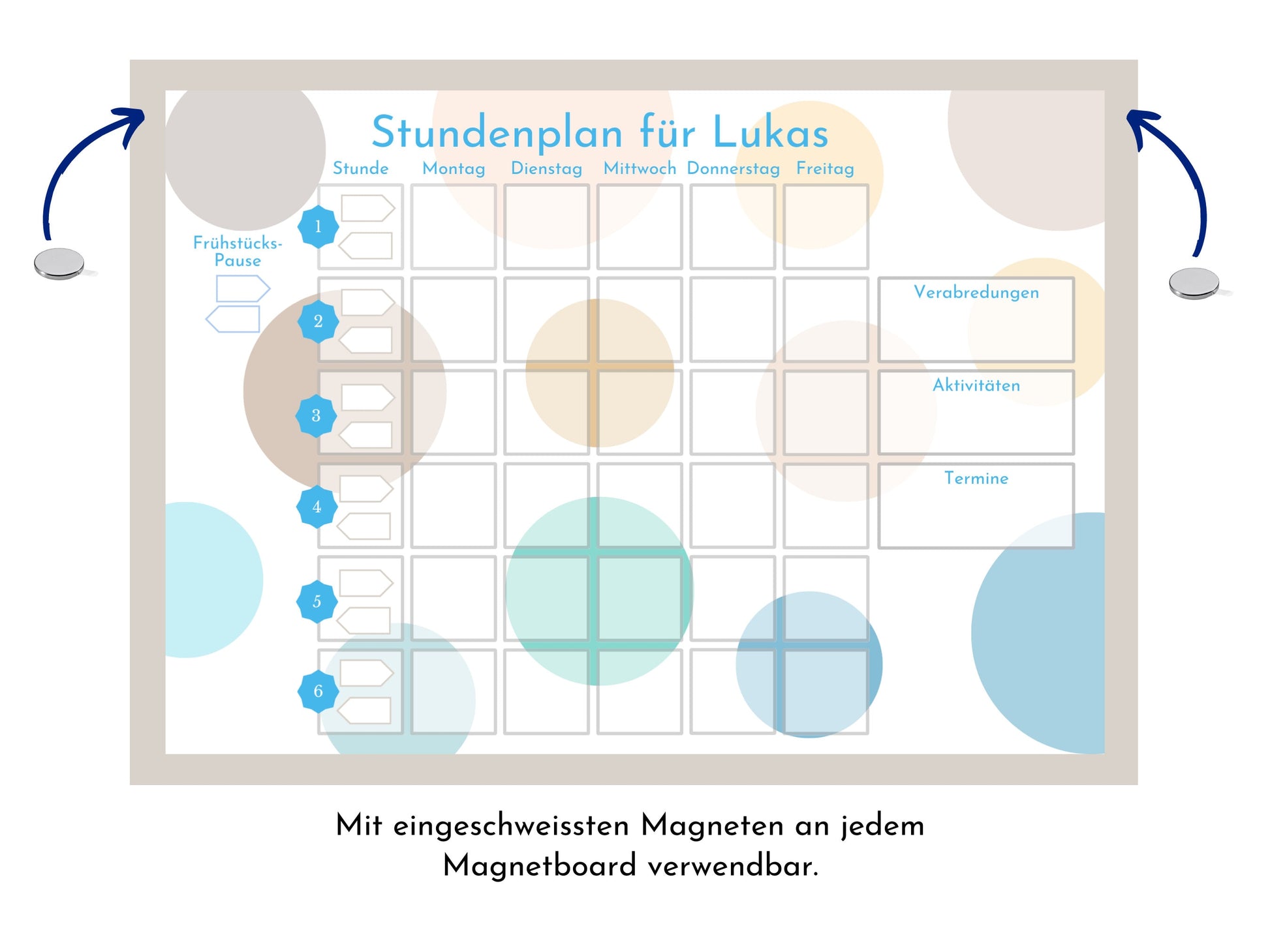 Stundenplan mit 70 Schulfach Kärtchen, personalisiert für die Grundschule, laminiert magnetisch, Geschenkidee Einschulung "Kreise Strand"