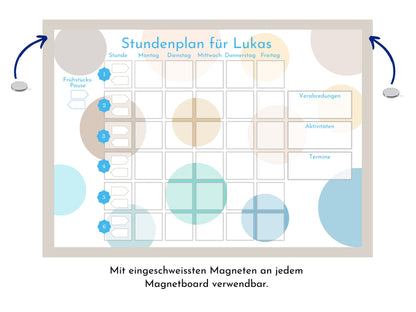 Stundenplan mit 70 Schulfach Kärtchen, personalisiert für die Grundschule, laminiert magnetisch, Geschenkidee Einschulung "Kreise Strand"