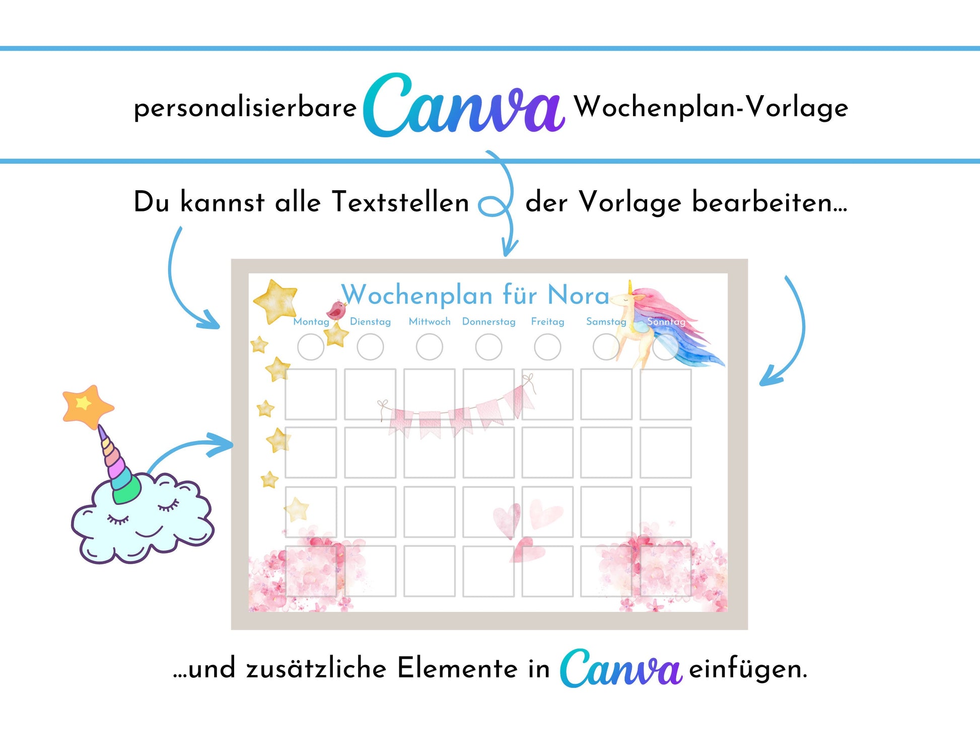 Wochenplan für Kinder, 288 Montessori Routine Karten, personalisierterer Routineplan, PDF Sofort-Download, Kinderwochenplan "Rosa Einhorn"