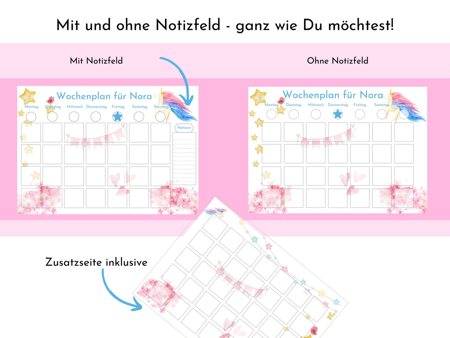 Wochenplan für Kinder, 288 Montessori Routine Karten, personalisierterer Routineplan, PDF Sofort-Download, Kinderwochenplan "Rosa Einhorn"