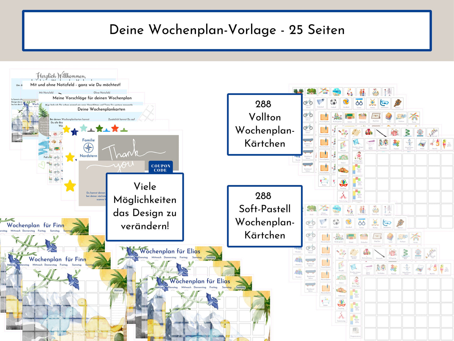 Wochenplan "Dinos" für Kinder mit 288 Routine Karten, PDF Sofort-Download, personalisierbar, Geburtstagsgeschenk und zum Verschenken