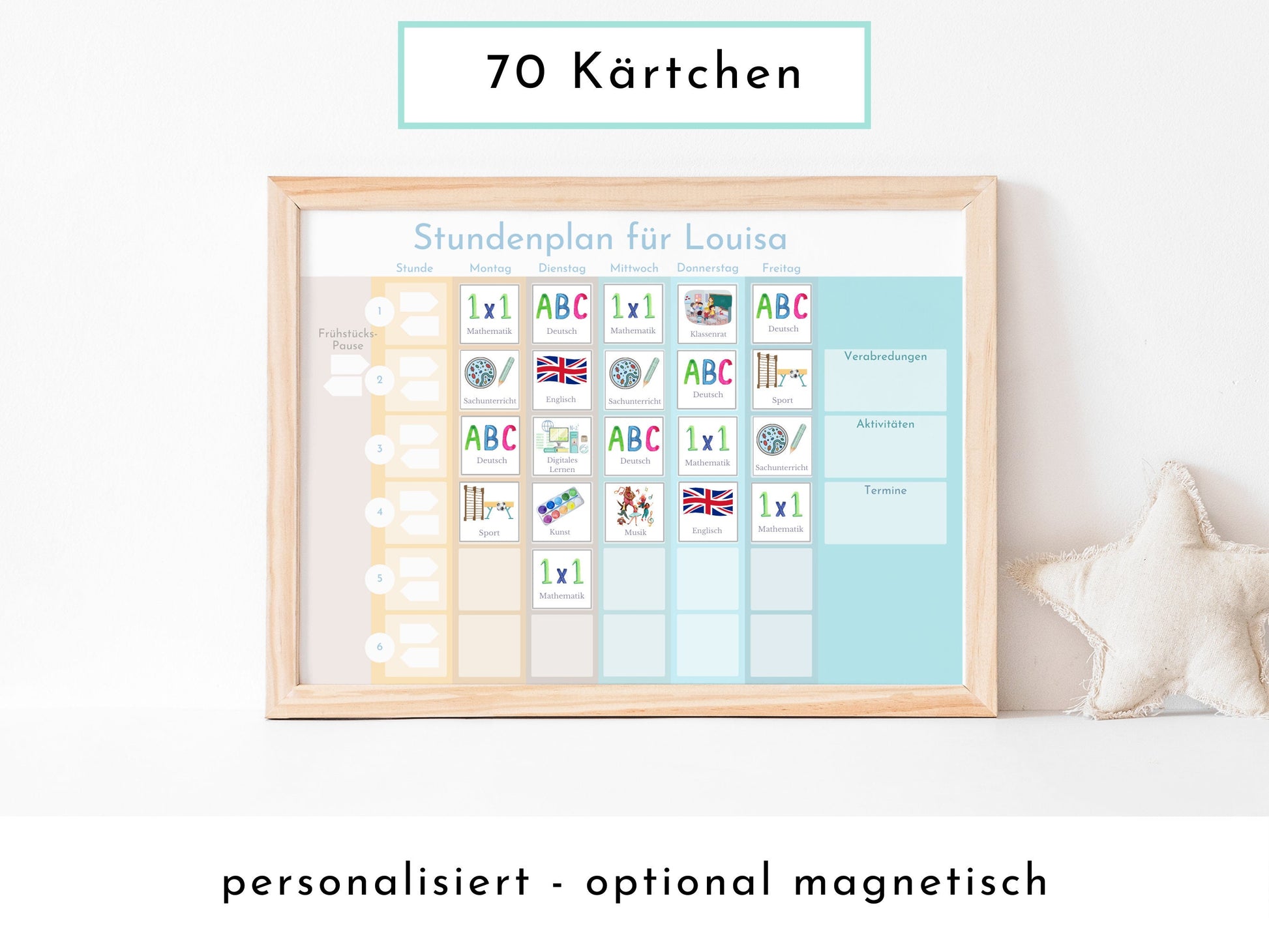 Stundenplan mit 70 Schulfach Kärtchen für die Grundschule, personalisiert laminiert magnetisch abwischbar, Geschenkidee Einschulung "Strand"