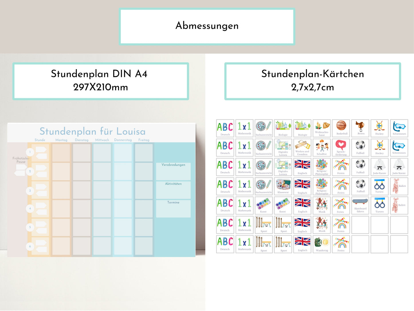 Stundenplan mit 70 Schulfach Kärtchen für die Grundschule, personalisiert laminiert magnetisch abwischbar, Geschenkidee Einschulung "Strand"