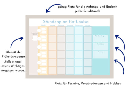 Stundenplan mit 70 Schulfach Kärtchen für die Grundschule, personalisiert laminiert magnetisch abwischbar, Geschenkidee Einschulung "Strand"