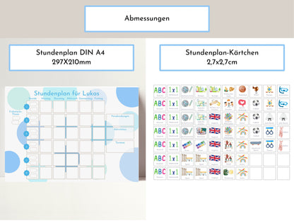 Stundenplan mit 70 Schulfach Karten für die Grundschule, personalisiert laminiert magnetisch abwischbar, Geschenk Einschulung "Kreise Meer"