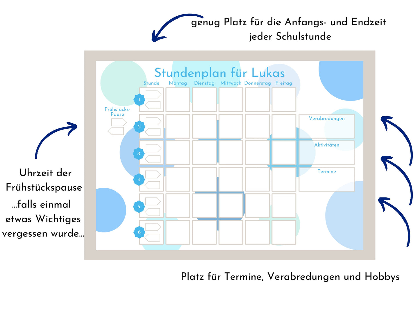 Stundenplan mit 70 Schulfach Karten für die Grundschule, personalisiert laminiert magnetisch abwischbar, Geschenk Einschulung "Kreise Meer"