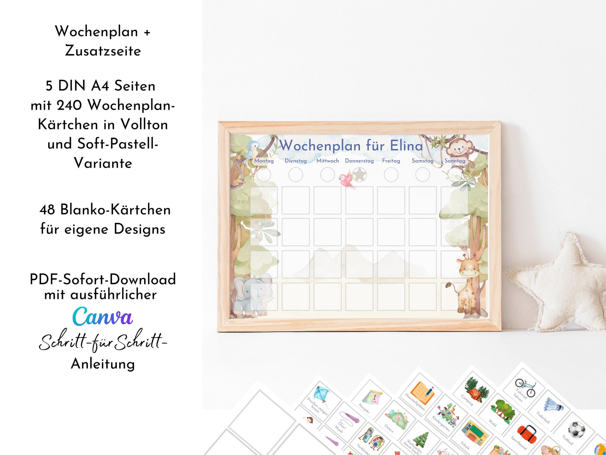 Wochenplan mit 288 Kärtchen, mit Namen personalisierbar, Sofort-Download, Kinder Geschenk "Urwald"