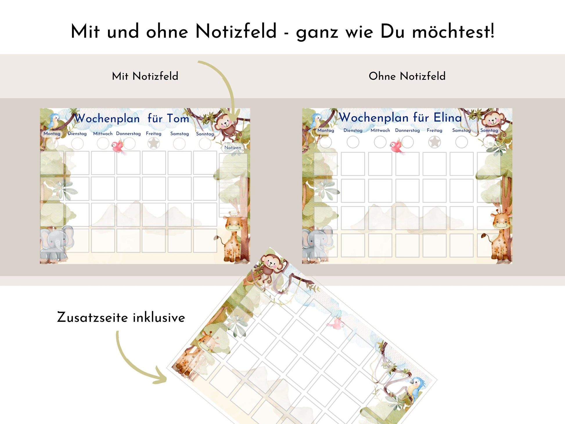 Wochenplan mit 288 Kärtchen, mit Namen personalisierbar, Sofort-Download, Kinder Geschenk "Urwald"