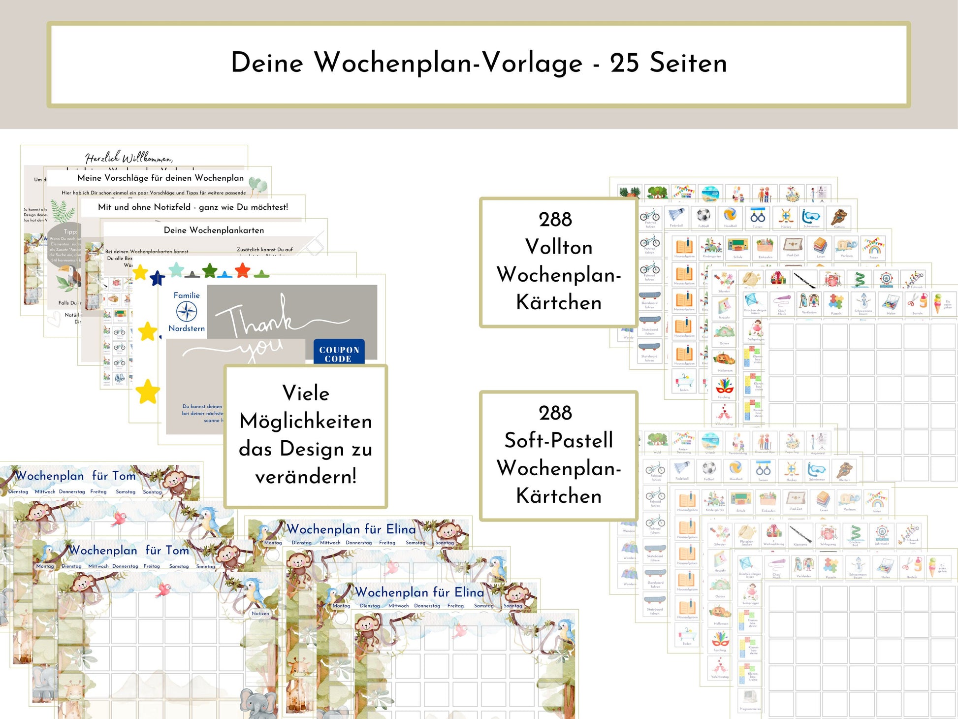 Wochenplan mit 288 Kärtchen, mit Namen personalisierbar, Sofort-Download, Kinder Geschenk "Urwald"