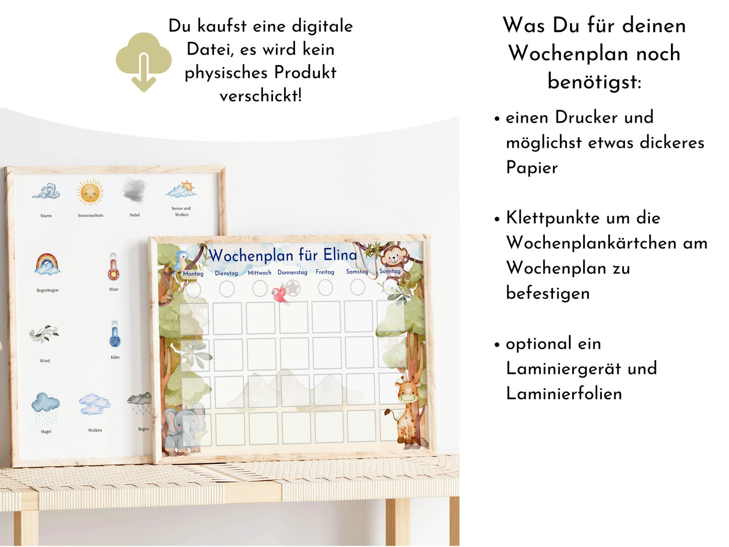 Wochenplan mit 288 Kärtchen, mit Namen personalisierbar, Sofort-Download, Kinder Geschenk "Urwald"