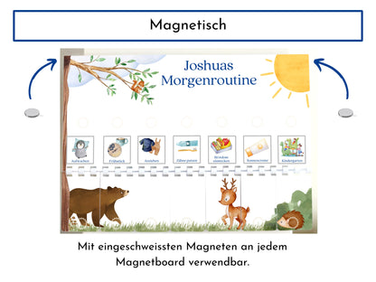 Morgenroutine "Reh und Bär" für Kinder, personalisiert, doppelseitig bedruckt, flexible Routine mit 20 Morgenroutine Karten, Spiralbindung