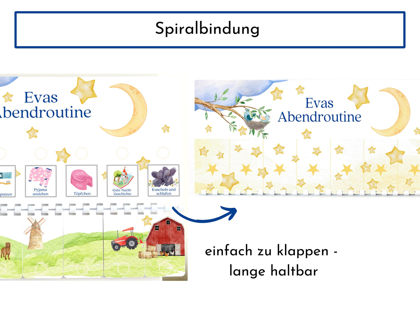 Abendroutine "Bauernhof" für Kinder, personalisiert, doppelseitig bedruckt, flexible Routine mit 20 Abendroutine Karten, mit Spiralbindung