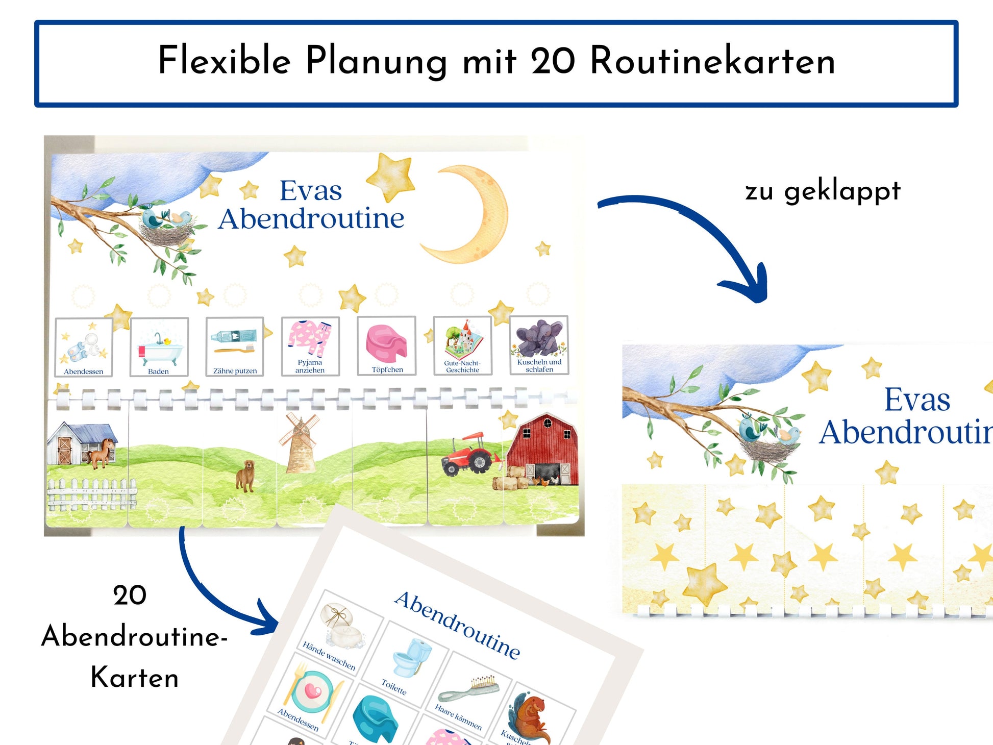 Abendroutine "Bauernhof" für Kinder, personalisiert, doppelseitig bedruckt, flexible Routine mit 20 Abendroutine Karten, mit Spiralbindung