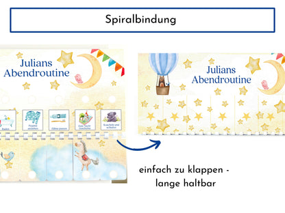 Abendroutine für Kinder, personalisiert, doppelseitig bedruckt, flexible Routine mit 20 Abendroutine Karten, gebunden mit Spiralbindung