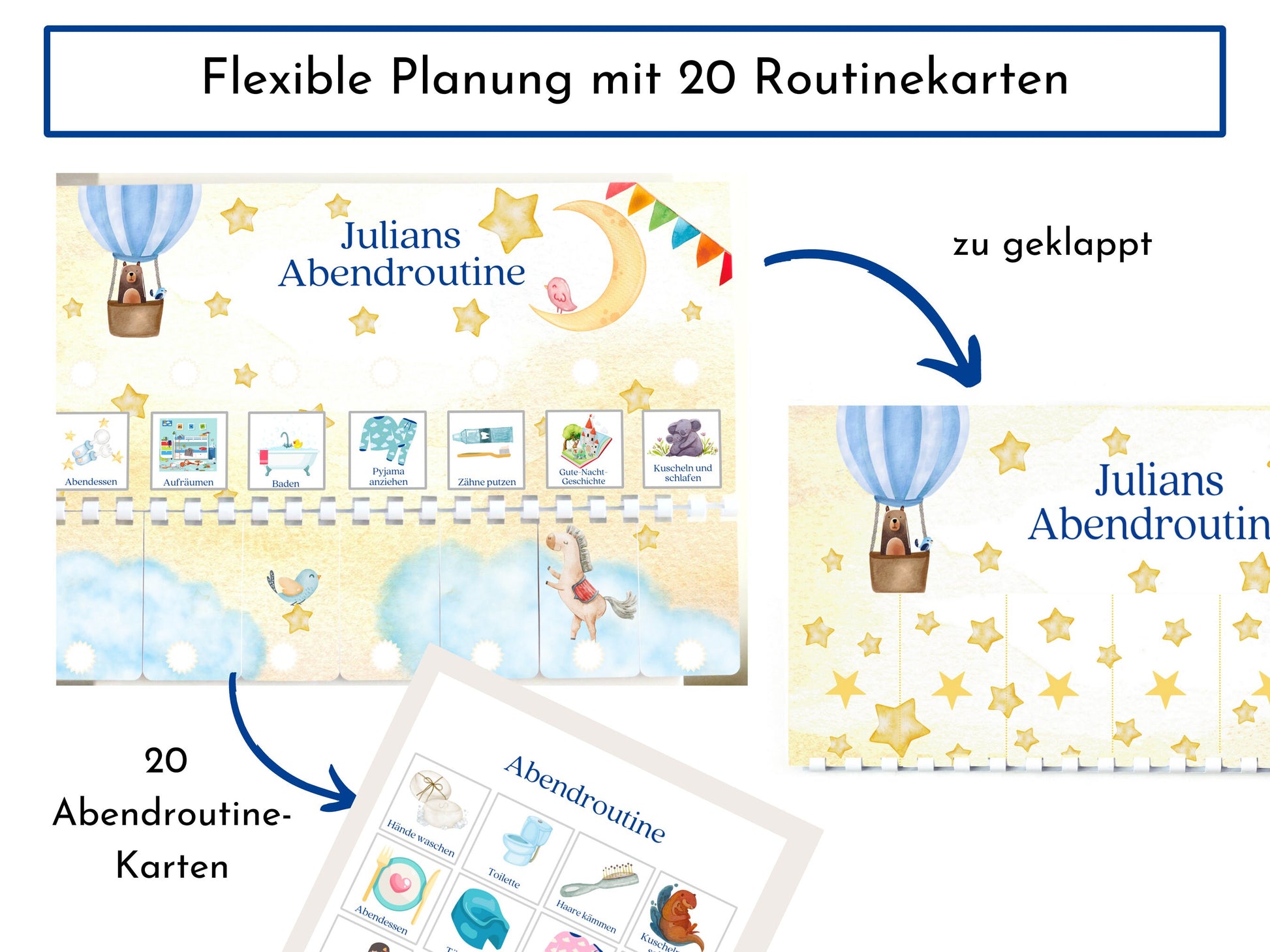 Abendroutine für Kinder, personalisiert, doppelseitig bedruckt, flexible Routine mit 20 Abendroutine Karten, gebunden mit Spiralbindung