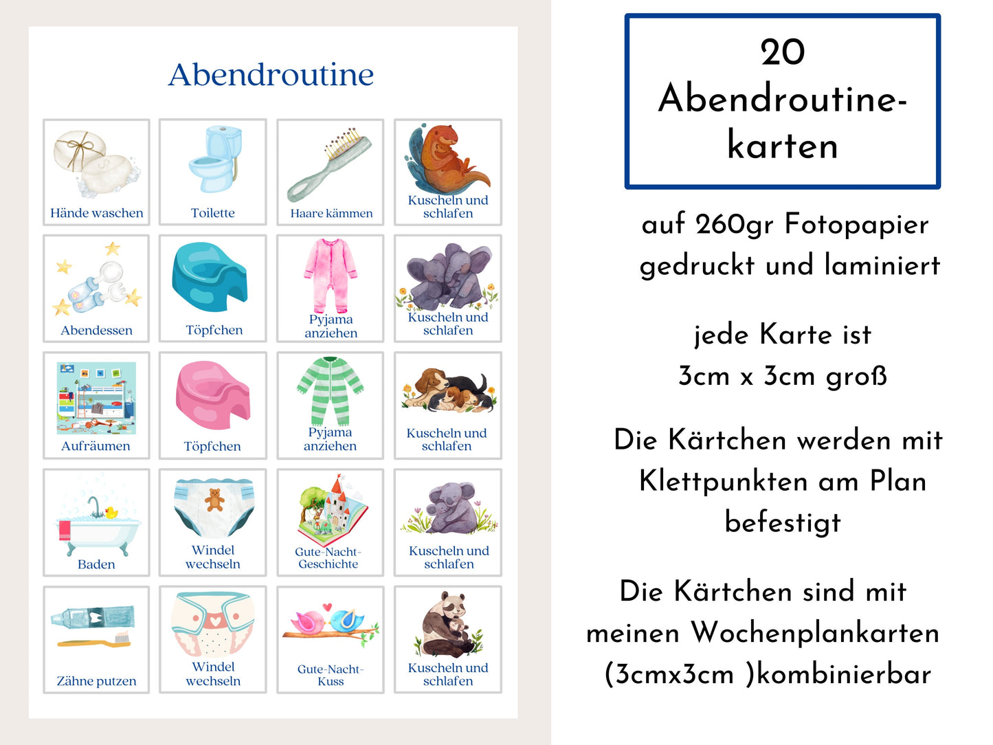 Abendroutine für Kinder, personalisiert, doppelseitig bedruckt, flexible Routine mit 20 Abendroutine Karten, gebunden mit Spiralbindung