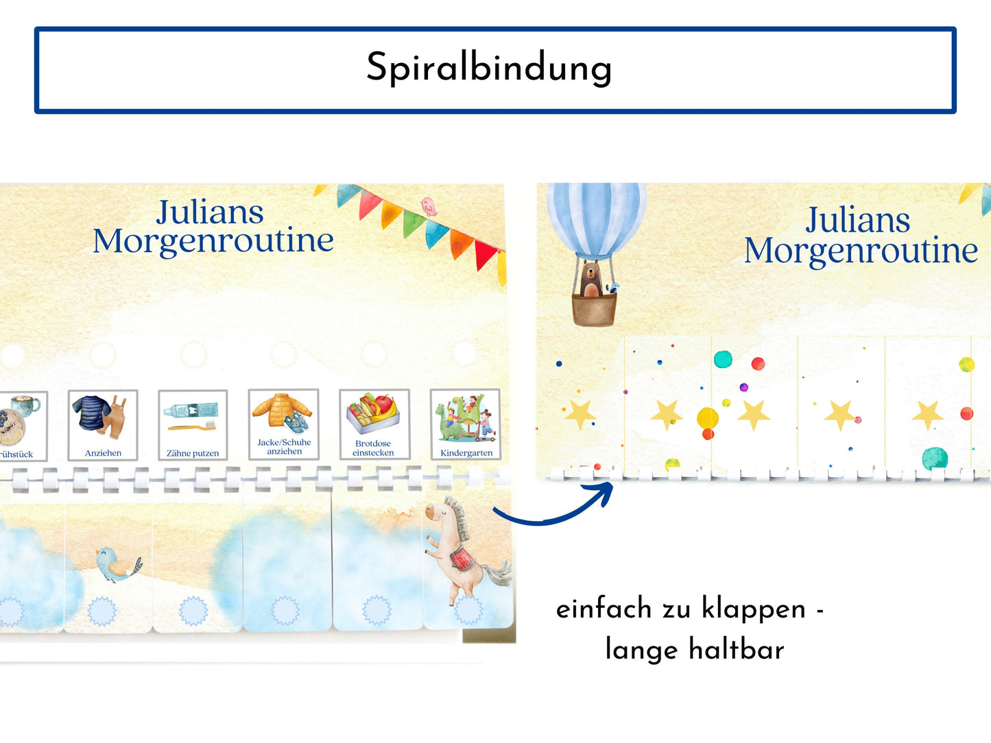 Morgenroutine für Kinder, personalisiert magnetisch doppelseitig, 20 Routine Karten, Spiralbindung und Klettleiste, Routineplan "Himmlisch"