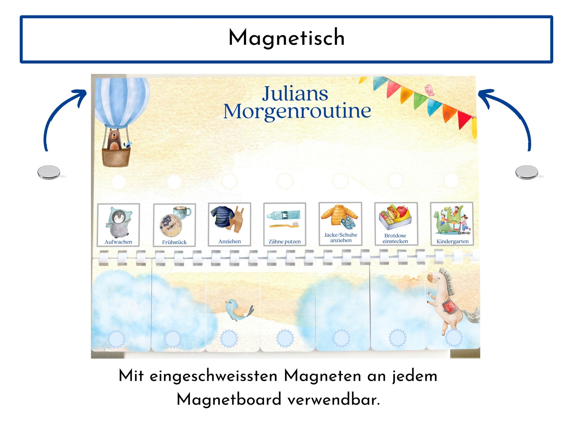 Morgenroutine für Kinder, personalisiert magnetisch doppelseitig, 20 Routine Karten, Spiralbindung und Klettleiste, Routineplan "Himmlisch"