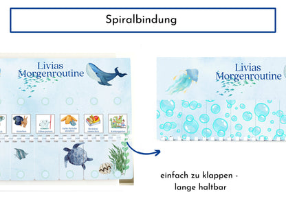 Morgenroutine für Kinder, personalisiert, doppelseitig bedruckt, flexible Routine mit 20 Morgenroutine Karten, gebunden mit Spiralbindung