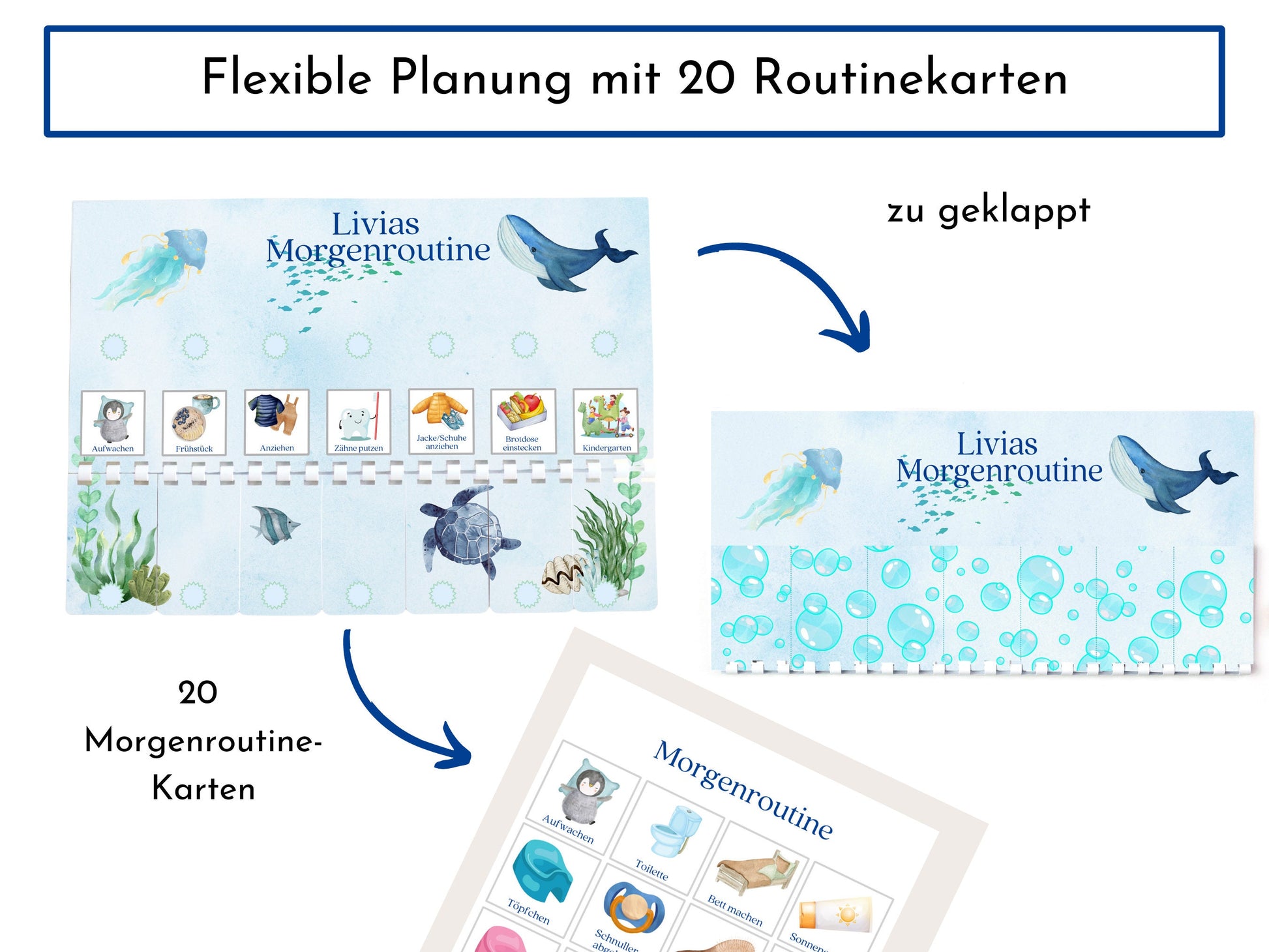 Morgenroutine für Kinder, personalisiert, doppelseitig bedruckt, flexible Routine mit 20 Morgenroutine Karten, gebunden mit Spiralbindung