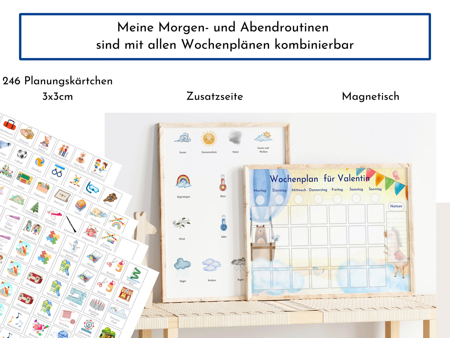 Morgenroutine für Kinder, personalisiert, doppelseitig bedruckt, flexible Routine mit 20 Morgenroutine Karten, gebunden mit Spiralbindung