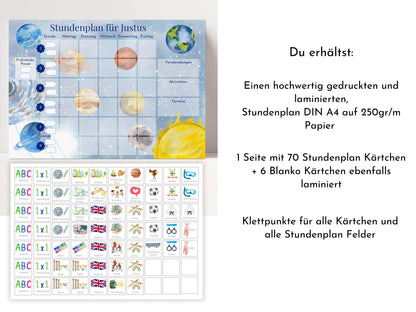 Stundenplan mit 70 Schulfach Karten, personalisiert für die Grundschule, optional magnetisch, Geschenkidee Einschulung "Milchstraße"