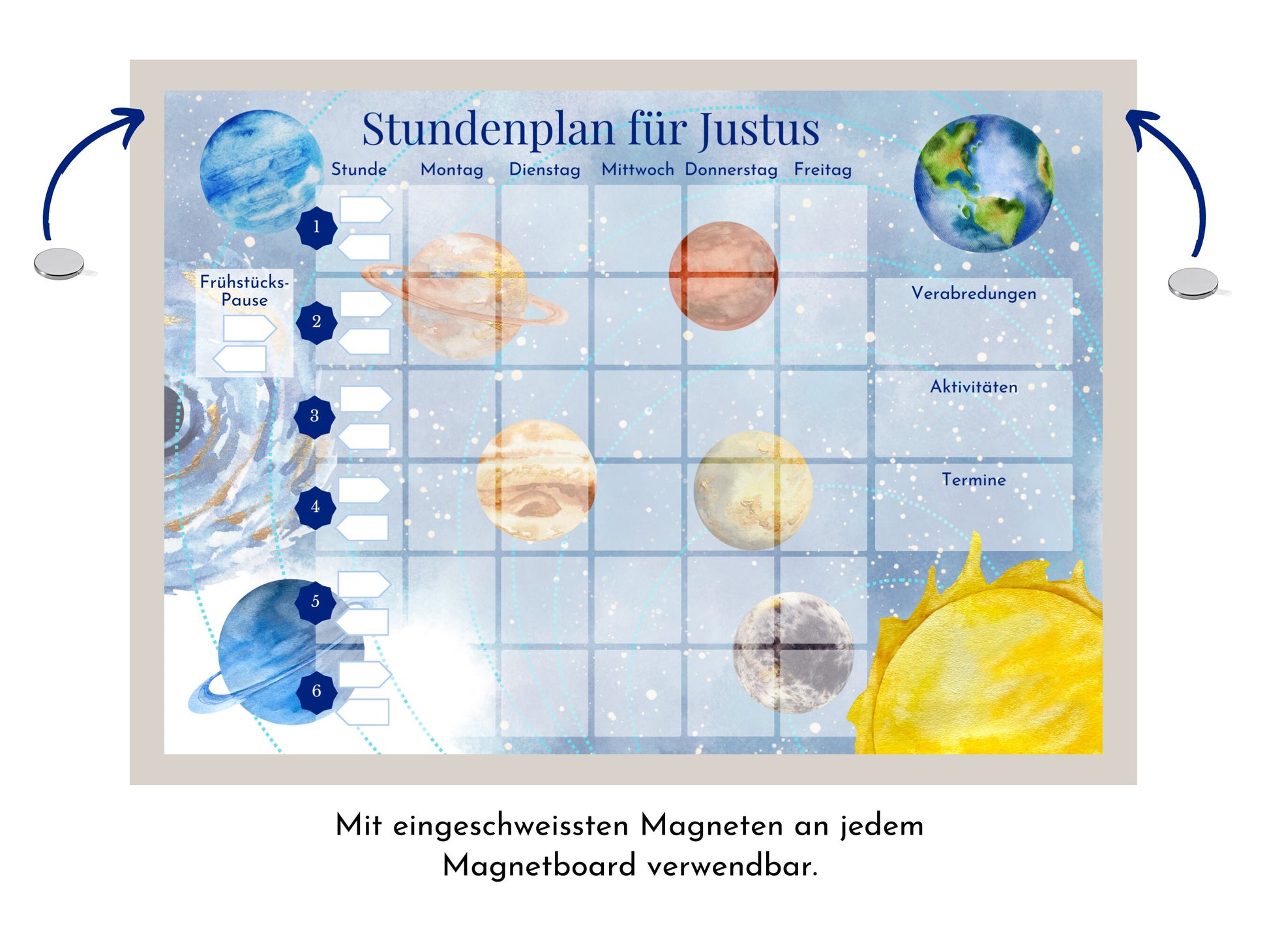 Stundenplan mit 70 Schulfach Karten, personalisiert für die Grundschule, optional magnetisch, Geschenkidee Einschulung "Milchstraße"