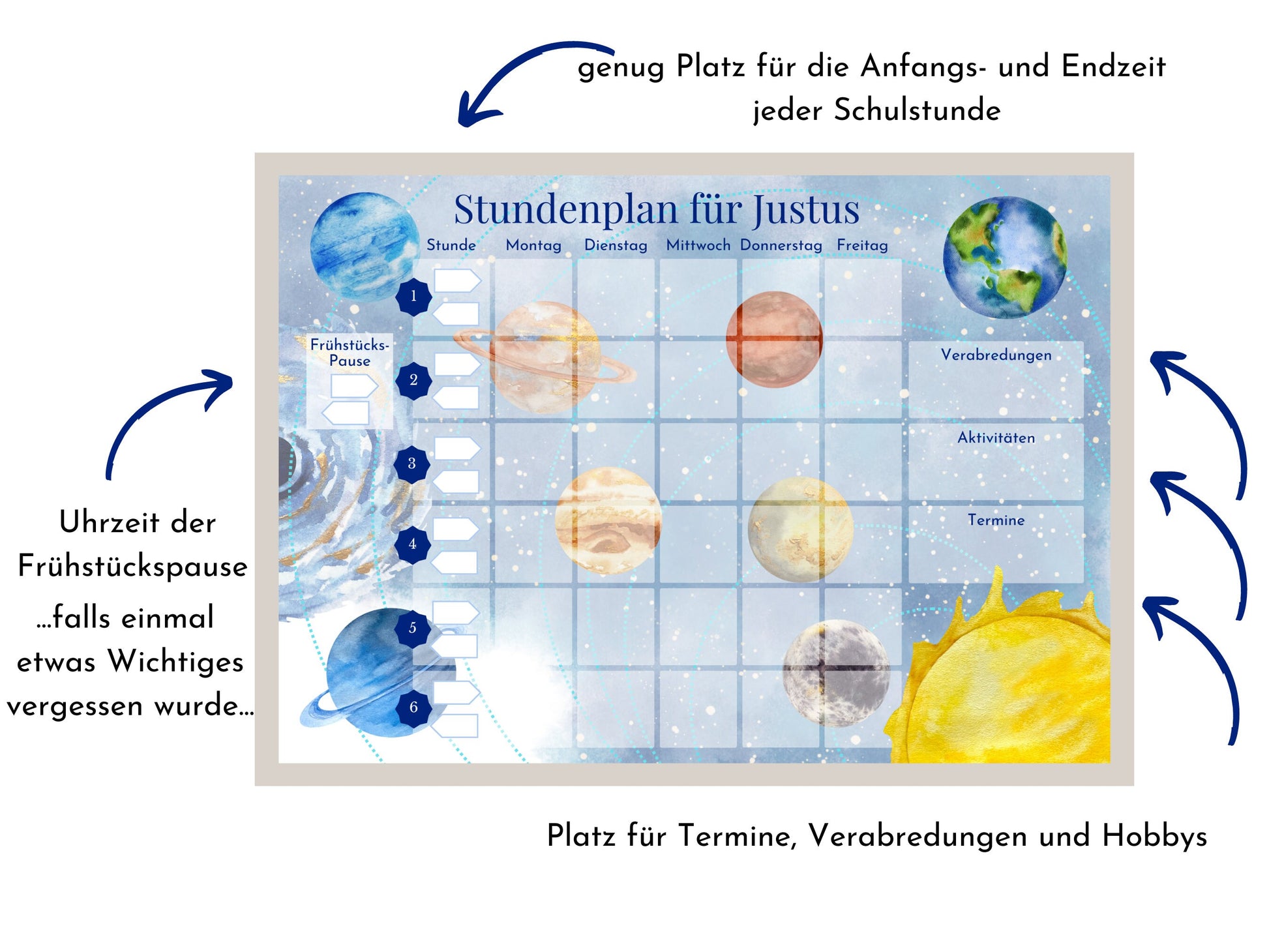 Stundenplan mit 70 Schulfach Karten, personalisiert für die Grundschule, optional magnetisch, Geschenkidee Einschulung "Milchstraße"