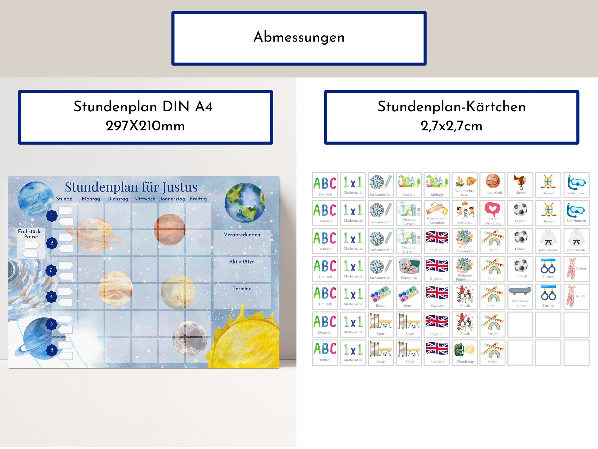 Stundenplan mit 70 Schulfach Karten, personalisiert für die Grundschule, optional magnetisch, Geschenkidee Einschulung "Milchstraße"