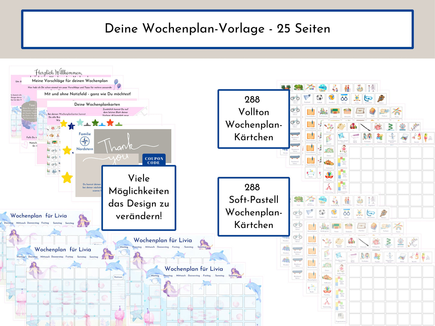 Wochenplan für Kinder mit 288 Routine Karten, personalisierbar, Sofort-Download, Geschenkidee zum Geburtstag "Meerjungfrau"