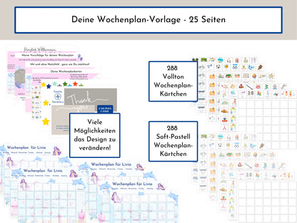 Wochenplan für Kinder mit 288 Routine Karten, personalisierbar, Sofort-Download, Geschenkidee zum Geburtstag "Meerjungfrau"