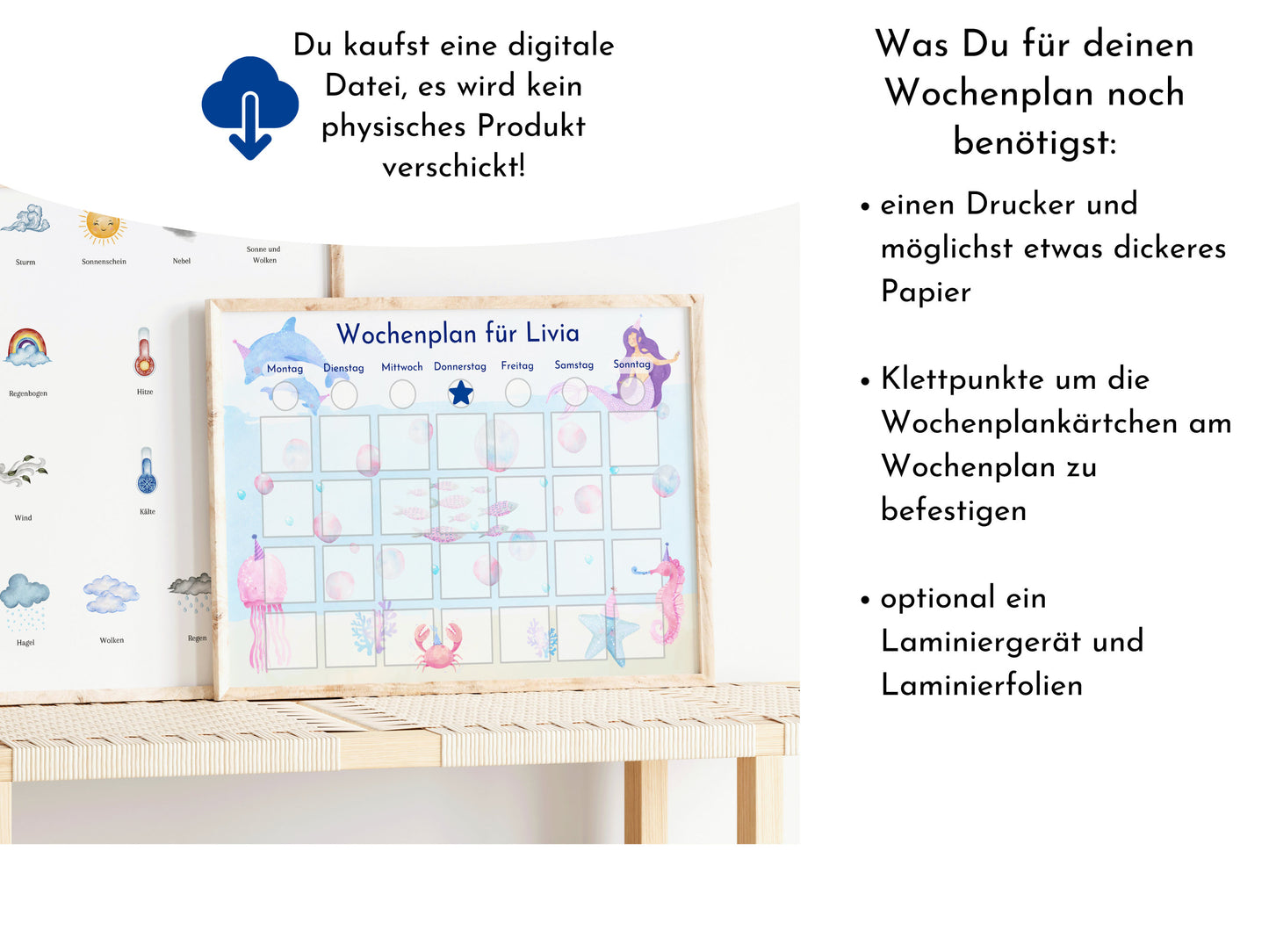 Wochenplan für Kinder mit 288 Routine Karten, personalisierbar, Sofort-Download, Geschenkidee zum Geburtstag "Meerjungfrau"