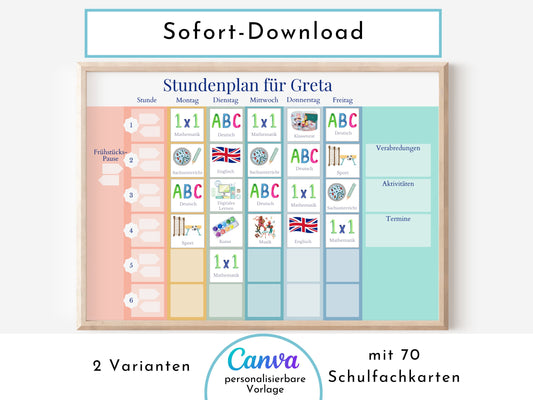 Stundenplan für die Grundschule für Kinder, 70 Schulfachkarten zum Ausdrucken, Sofort-Download "Regenbogen"