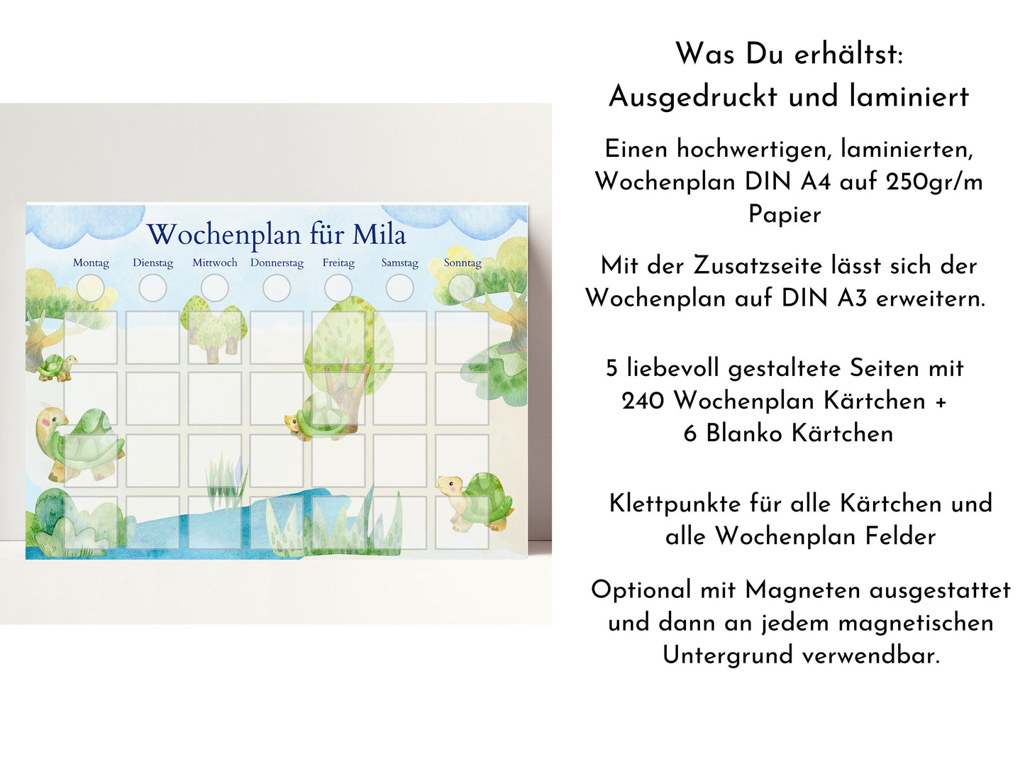 Personalisierter Kinder Wochenplan "Schildkröten", 246 Routine Karten, laminiert, magnetisch, Montessori Routineplan von Familie Nordstern