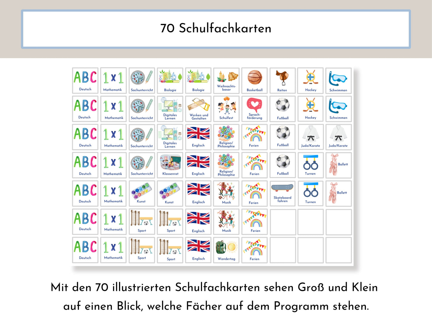 Grundschule Stundenplan mit Schulfach Bildkarten für Kinder, 70 Schulfachkarten zum Ausdrucken, Sofort-Download "Himmlisch"