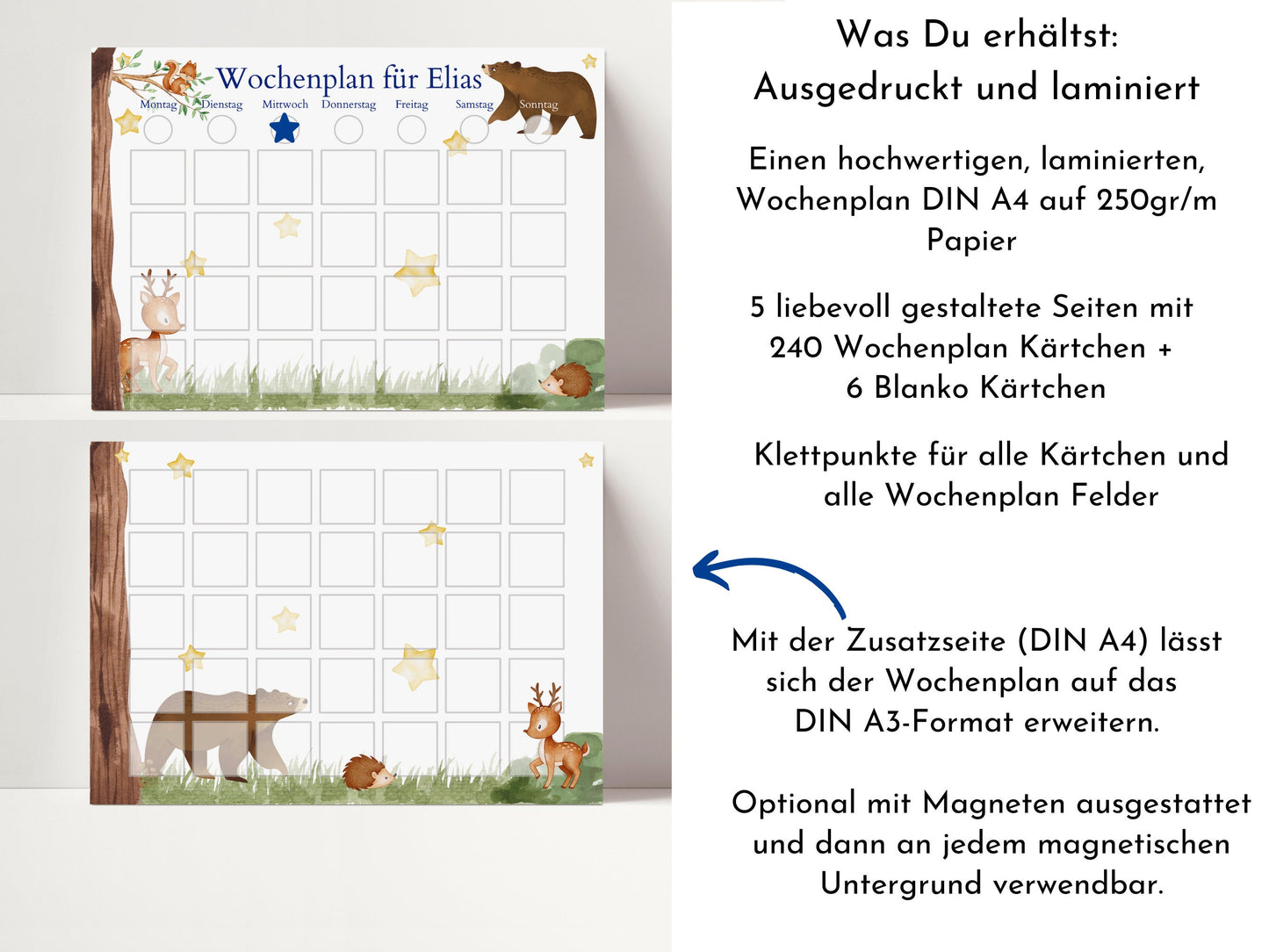 Personalisierter Kinder Wochenplan "Bär und Reh" mit 246 Routine Karten, Montessori Routineplan für einen entspannten Tagesablauf