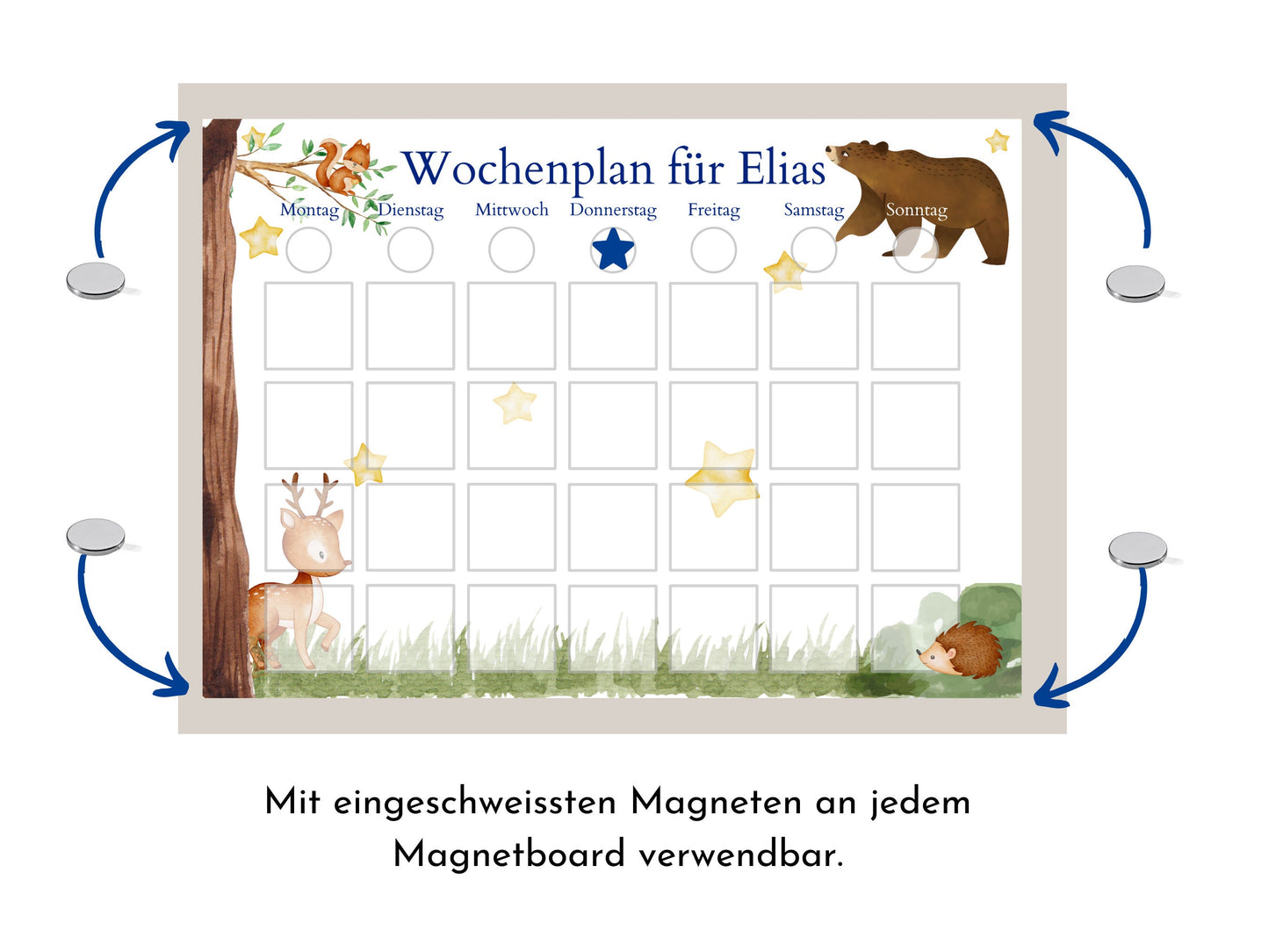 Personalisierter Kinder Wochenplan "Bär und Reh" mit 246 Routine Karten, Montessori Routineplan für einen entspannten Tagesablauf