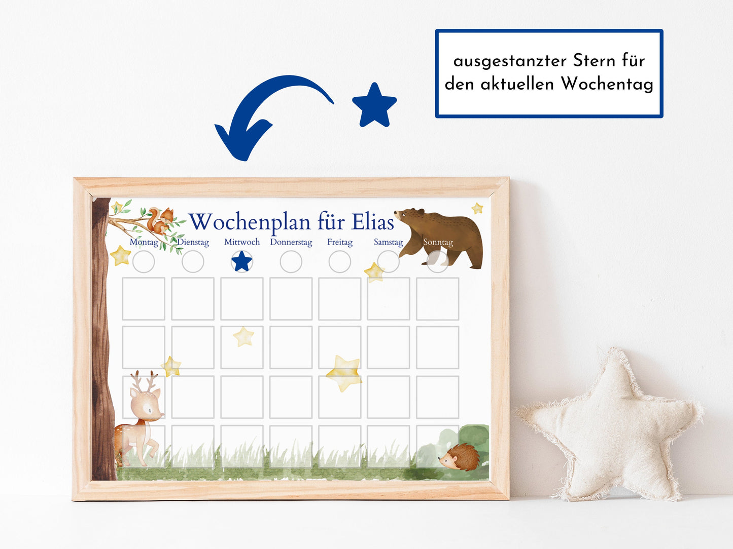 Personalisierter Kinder Wochenplan "Bär und Reh" mit 246 Routine Karten, Montessori Routineplan für einen entspannten Tagesablauf