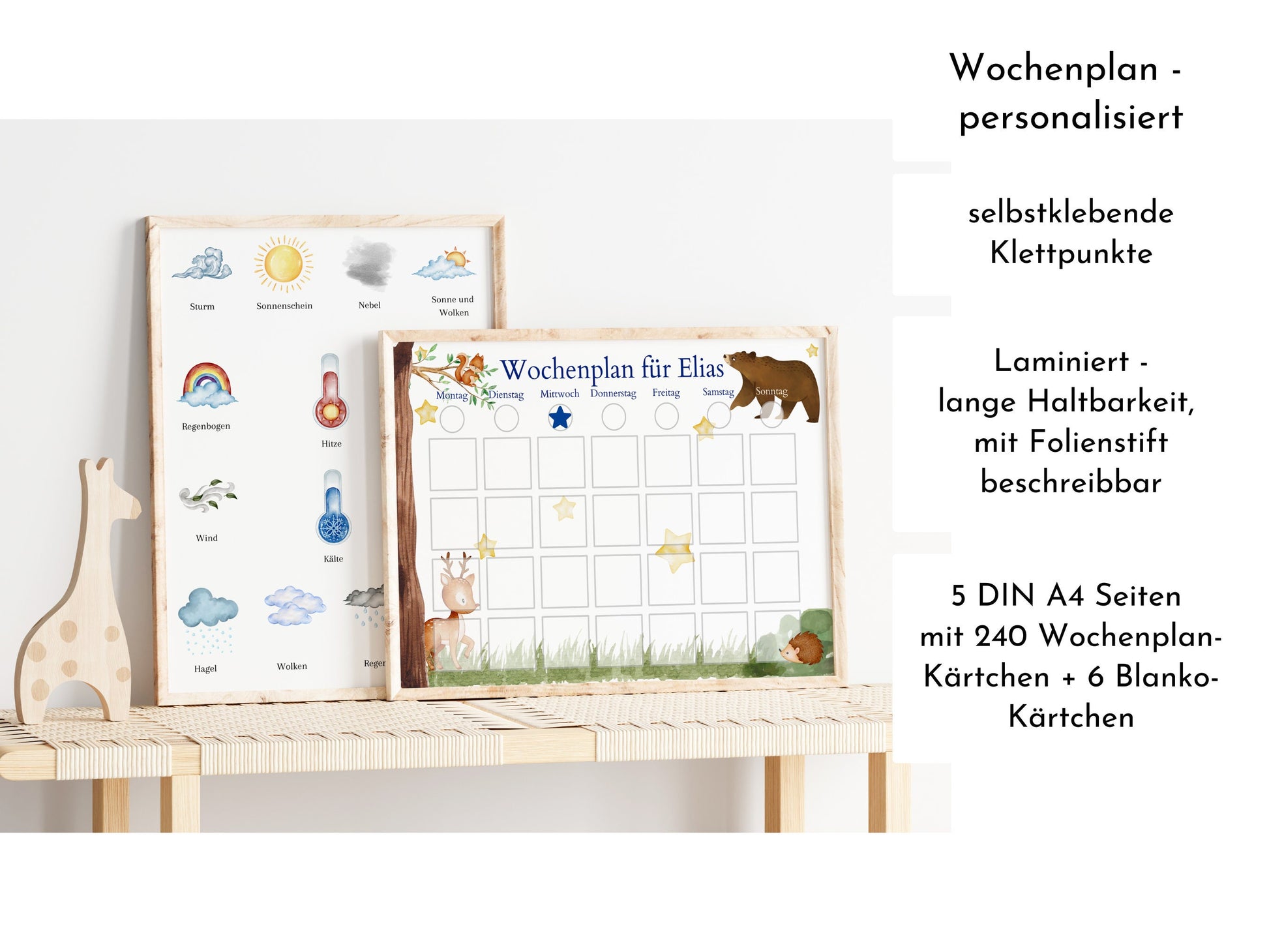 Personalisierter Kinder Wochenplan "Bär und Reh" mit 246 Routine Karten, Montessori Routineplan für einen entspannten Tagesablauf