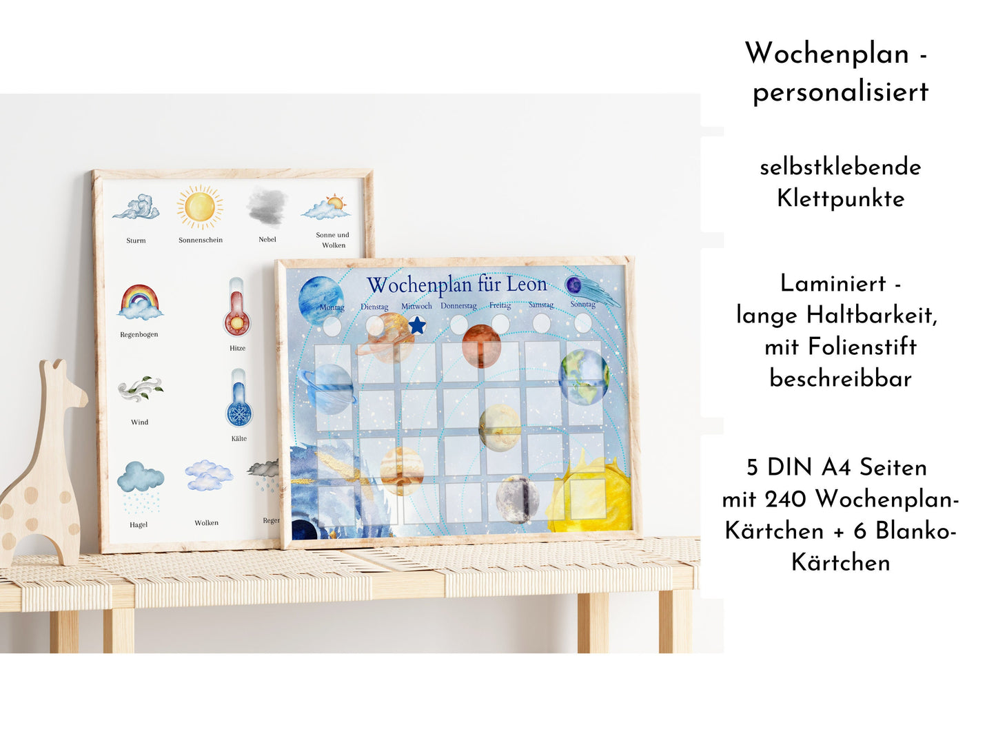 Personalisierter Wochenplan für Kinder mit 246 Routine Karten, laminiert und optional magnetisch, Routineplan "Milchstraße"