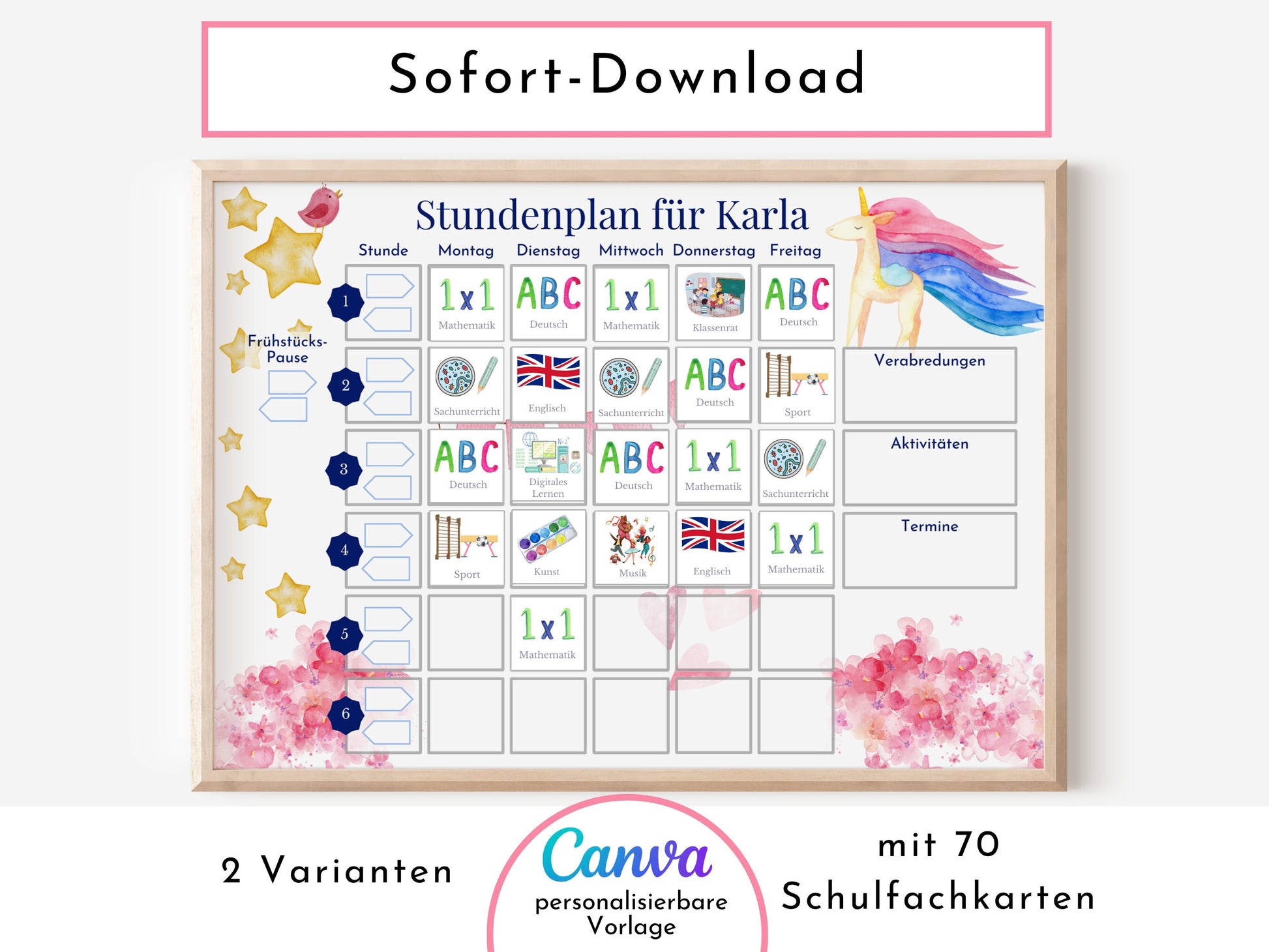 Stundenplan für die Grundschule mit Schulfach Bildkarten für Kinder, 70 Schulfachkarten zum Ausdrucken, Sofort-Download "Einhorn"